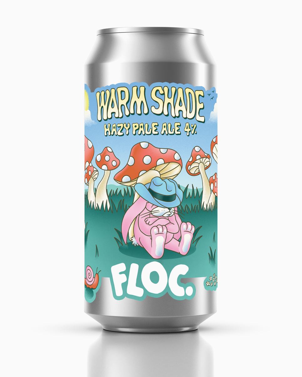 Warm Shade Hazy Pale Ale can by Floc Brewing – a hazy, golden pale ale with a vibrant, modern design, set against a clean background.