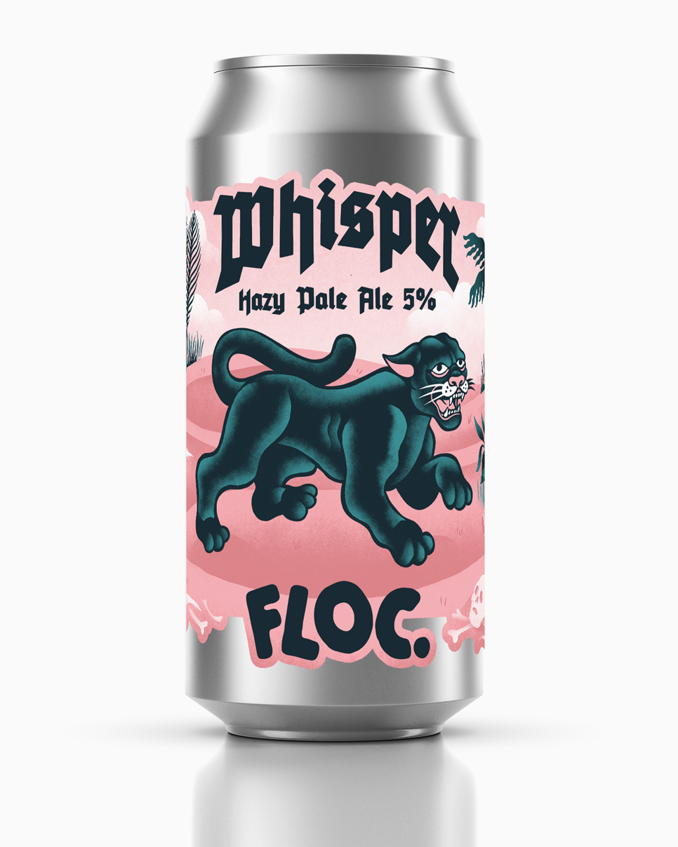 Whisper Hazy Pale Ale can by Floc Brewing – a hazy, golden pale ale with a vibrant, modern design, set against a clean background.