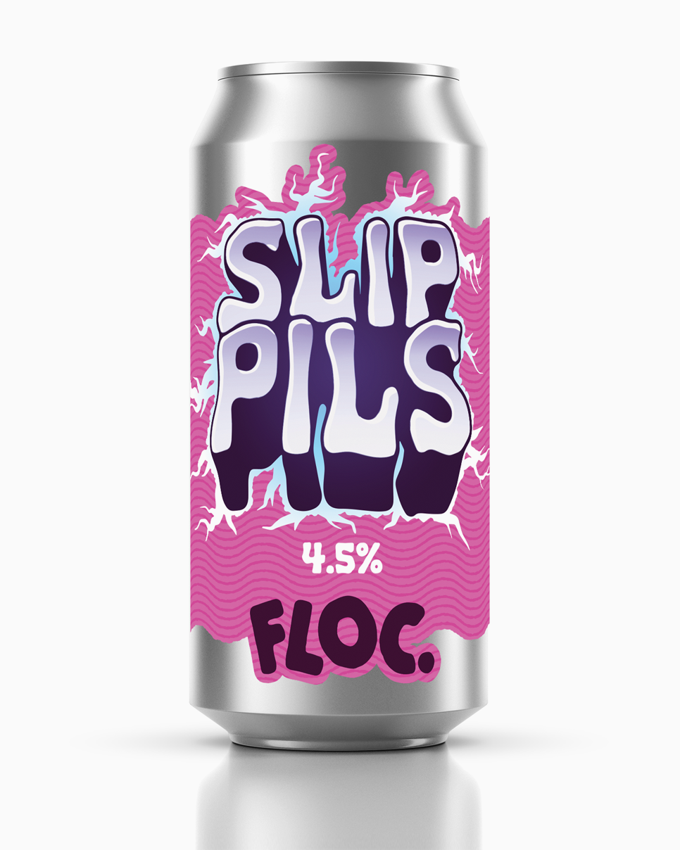 Slip Pils can by Floc Brewing – a crisp, golden pilsner with a sleek, modern label design, set against a clean background.