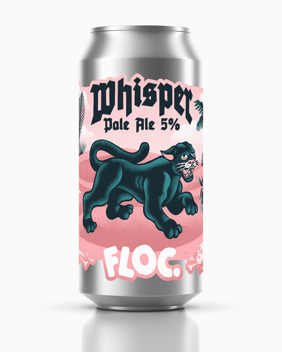 Whisper Pale Ale can by Floc Brewing – a hazy, golden pale ale with a vibrant, modern design, set against a clean background.