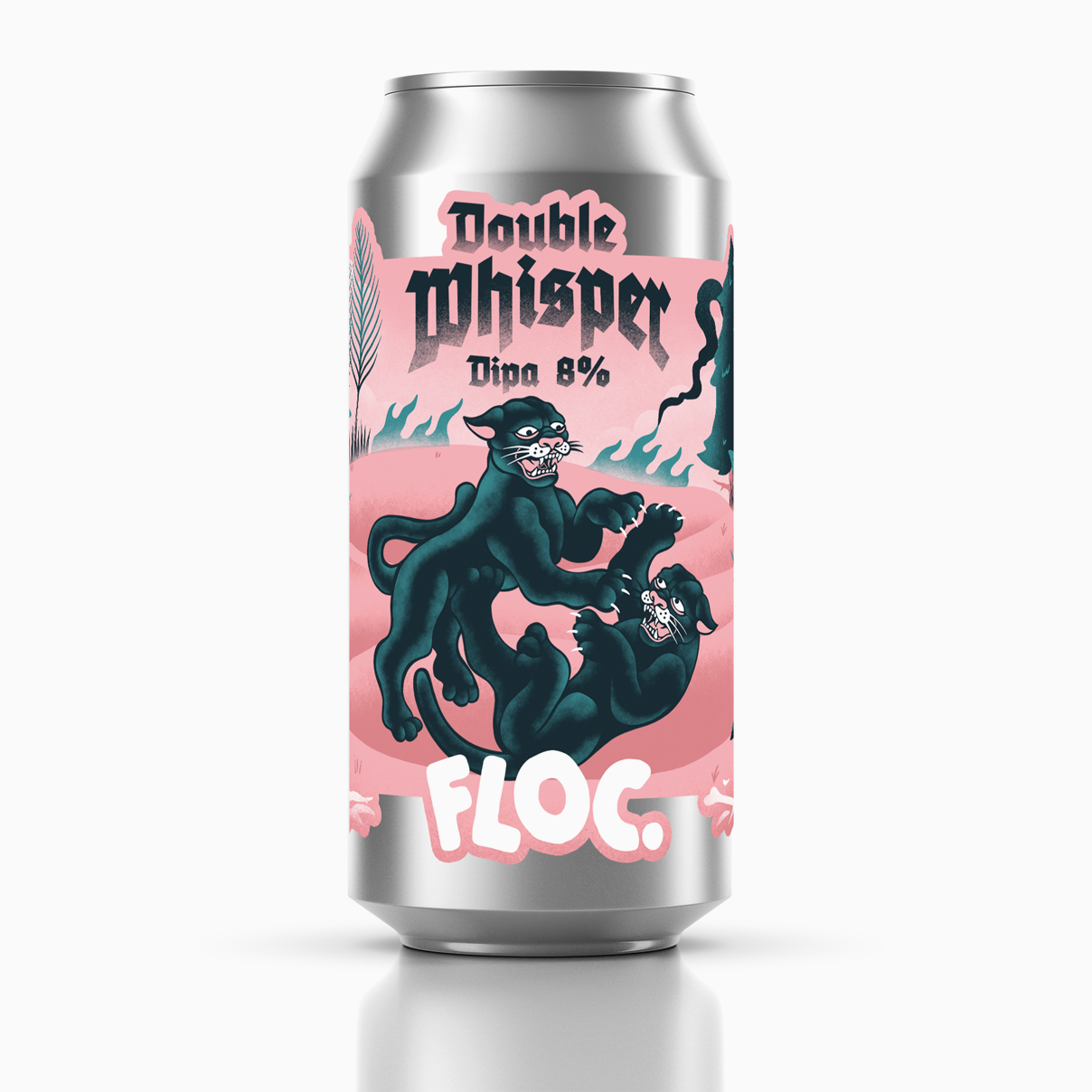 Beer can with black panthers and pink background on a white background