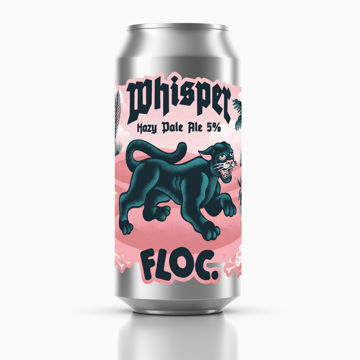 Whisper Hazy Pale Ale can by Floc Brewing – a hazy, golden pale ale with a vibrant, modern design, set against a clean background.