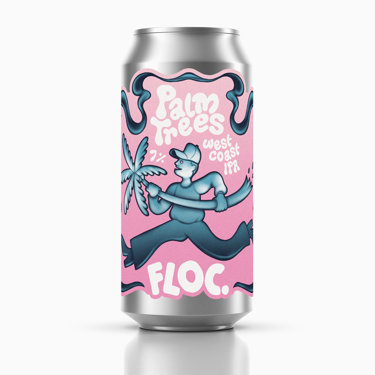 A vibrant, tropical-themed beer can featuring colorful palm tree illustrations against a pastel backdrop, highlighting Palm Trees West Coast IPA by Floc Brewing.